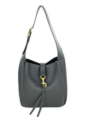 A black pebbled leather shoulder bag with a gold-tone horsebit hardware clasp and a matching leather tassel, shown against a plain white background.