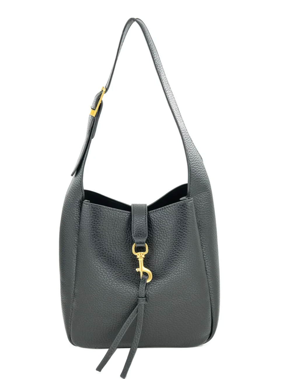 A black pebbled leather shoulder bag with a gold-tone horsebit hardware clasp and a matching leather tassel, shown against a plain white background.