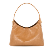 A tan leather hobo shoulder bag with gold-tone hardware, shown against a plain white background.