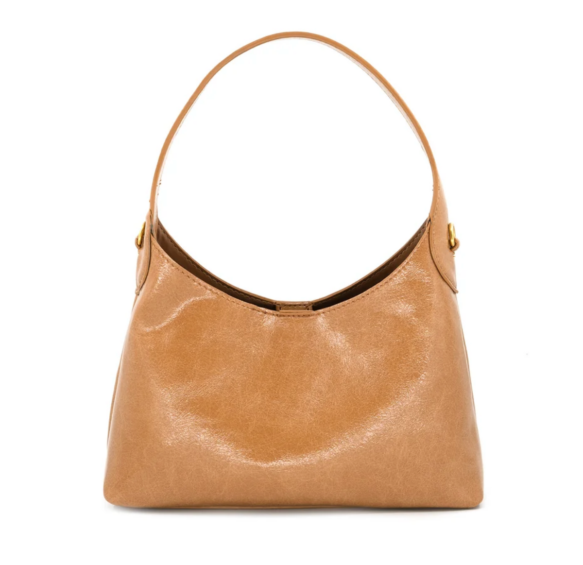 A tan leather hobo shoulder bag with gold-tone hardware, shown against a plain white background.