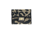 A small bi-fold wallet featuring a black and beige woven leopard print pattern, black leather trim, and a gold-tone metal logo clasp on a plain white background.