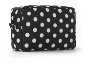 A rectangular black zippered pouch with a white polka dot pattern, shown on a clean white background.
