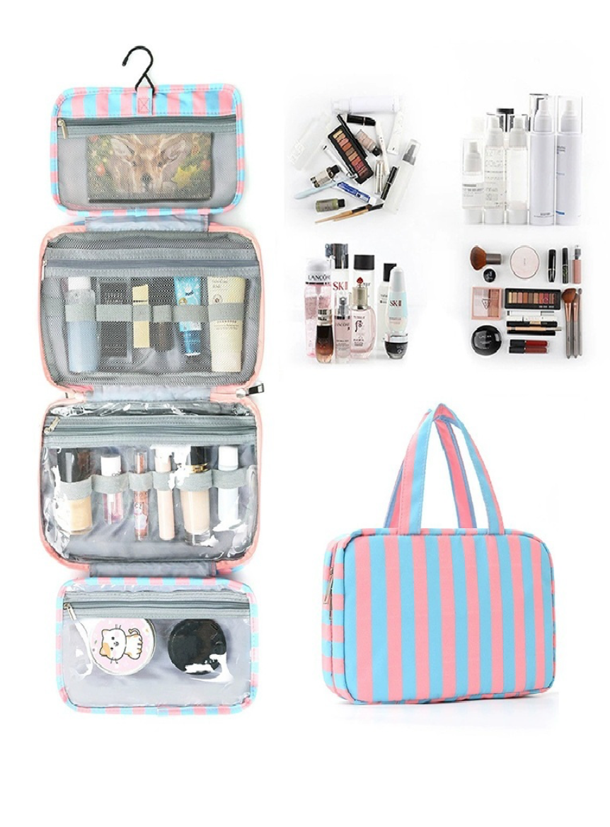 Rhonda Striped 4 Layer Hanging Toiletry Bag- Pink/Blue