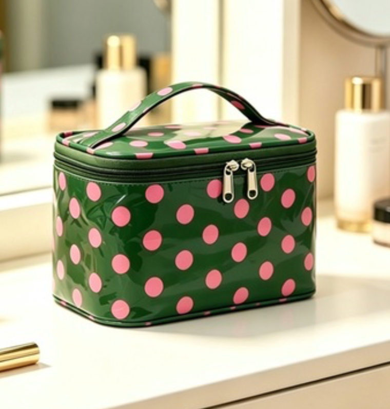 A glossy green cosmetic bag with pink polka dots sits on a white vanity counter in a softly blurred bathroom setting.