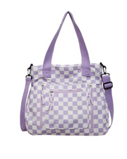 A lavender and white checkered tote bag with dual top handles, a detachable shoulder strap, and a front zippered pocket, shown against a plain white background.