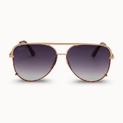 Aviator sunglasses with gold frame and dark gradient lenses on a white background