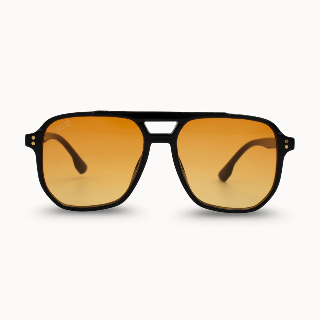 Sunglasses with black frame and orange-tinted lenses on a white background