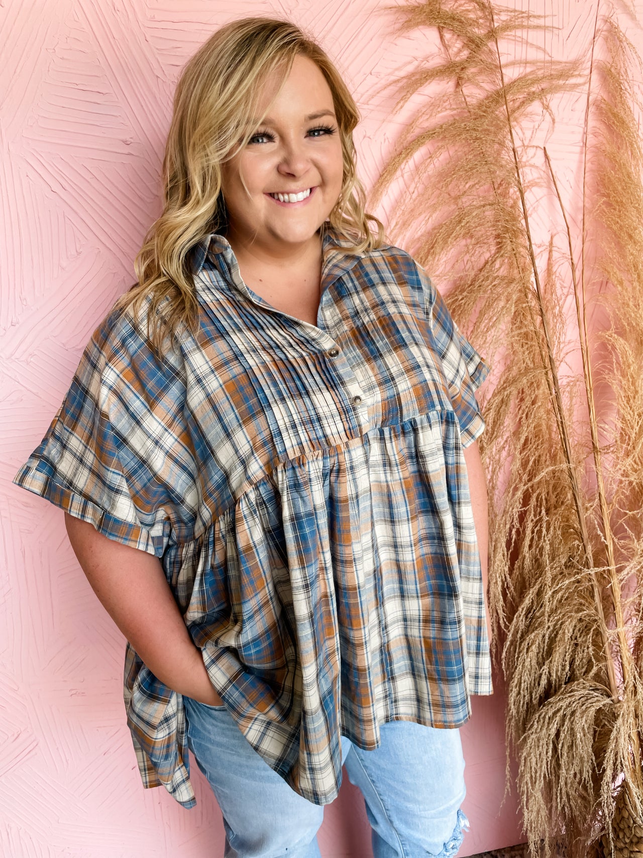 That Time Of Year Plaid Top- Blue