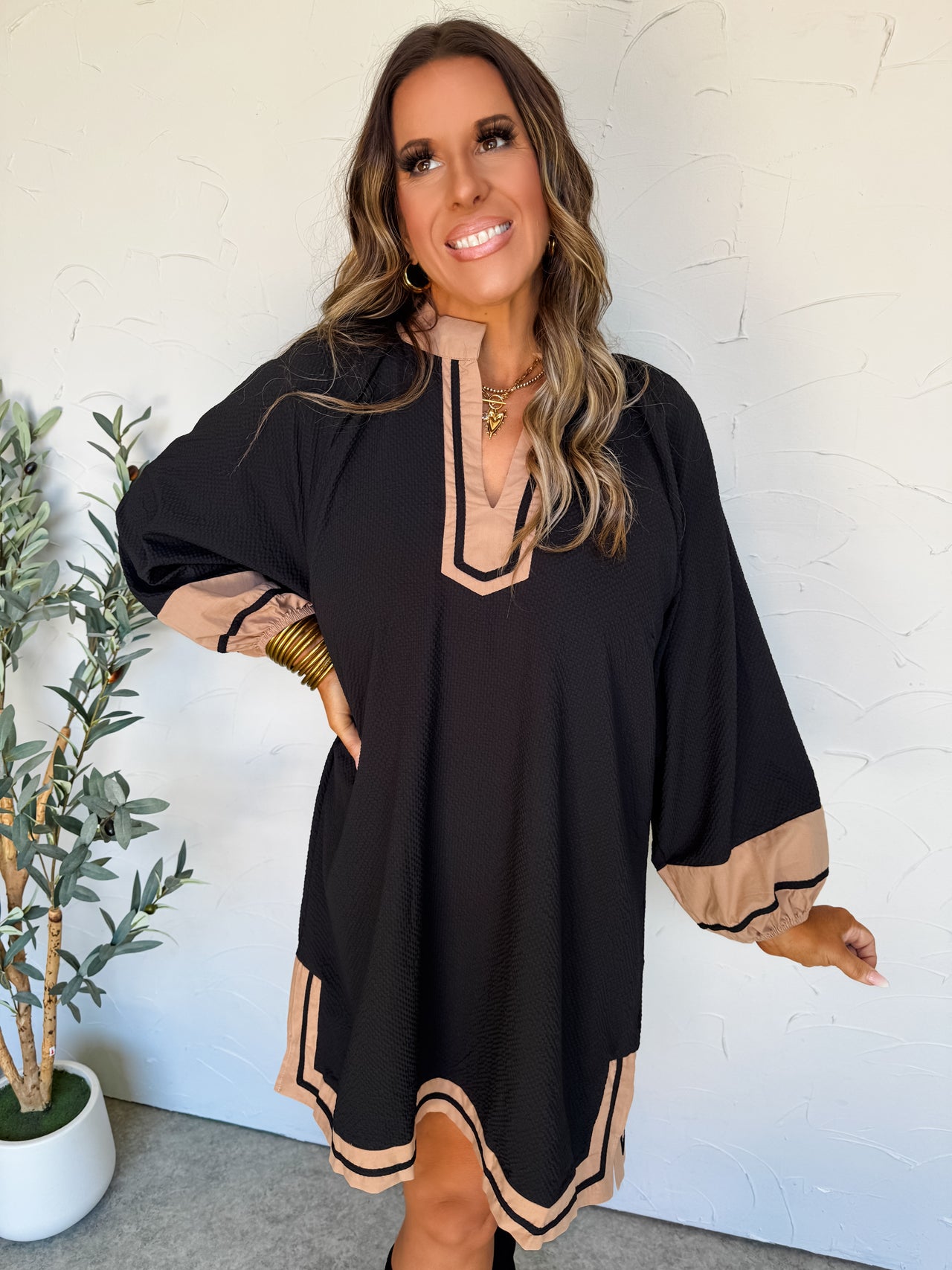 Living The Dream Color Block Trim Tunic Dress- Black