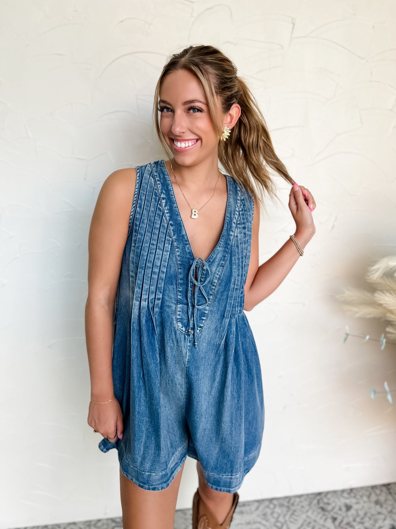 Thinking Out Loud Tie Pleated Denim Romper
