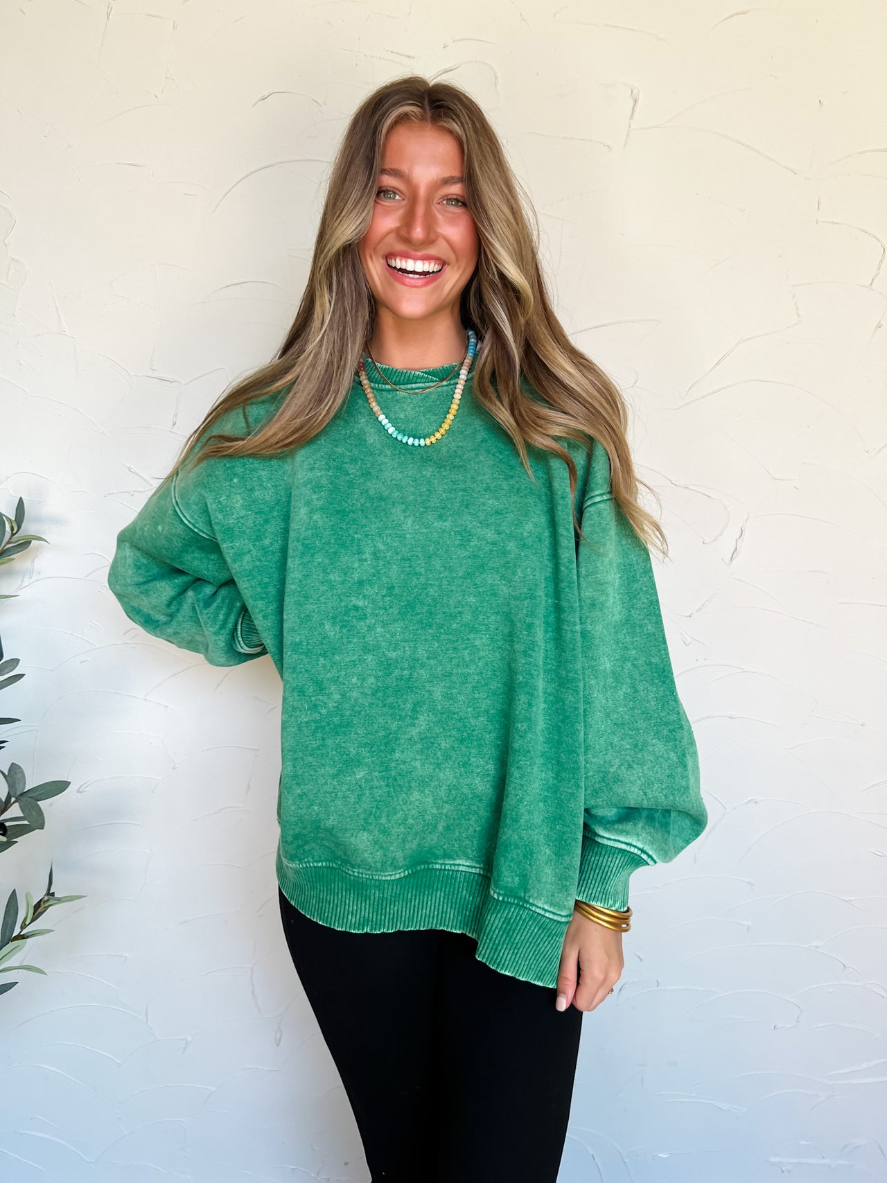 Get To Know Me Acid Wash Fleece Pullover- Forest