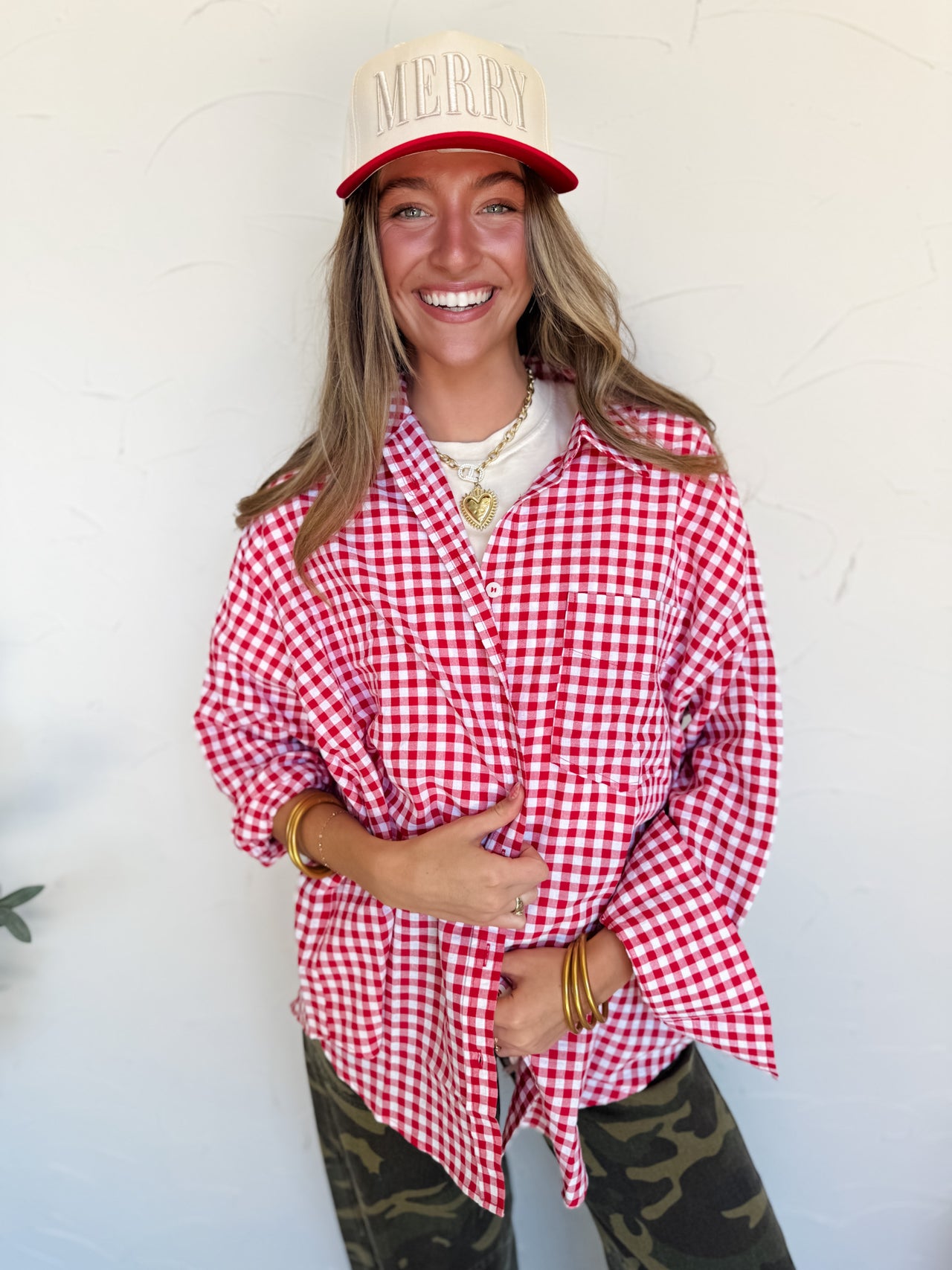 Suddenly Fine Ruby Oversized Gingham Button Down Shirt