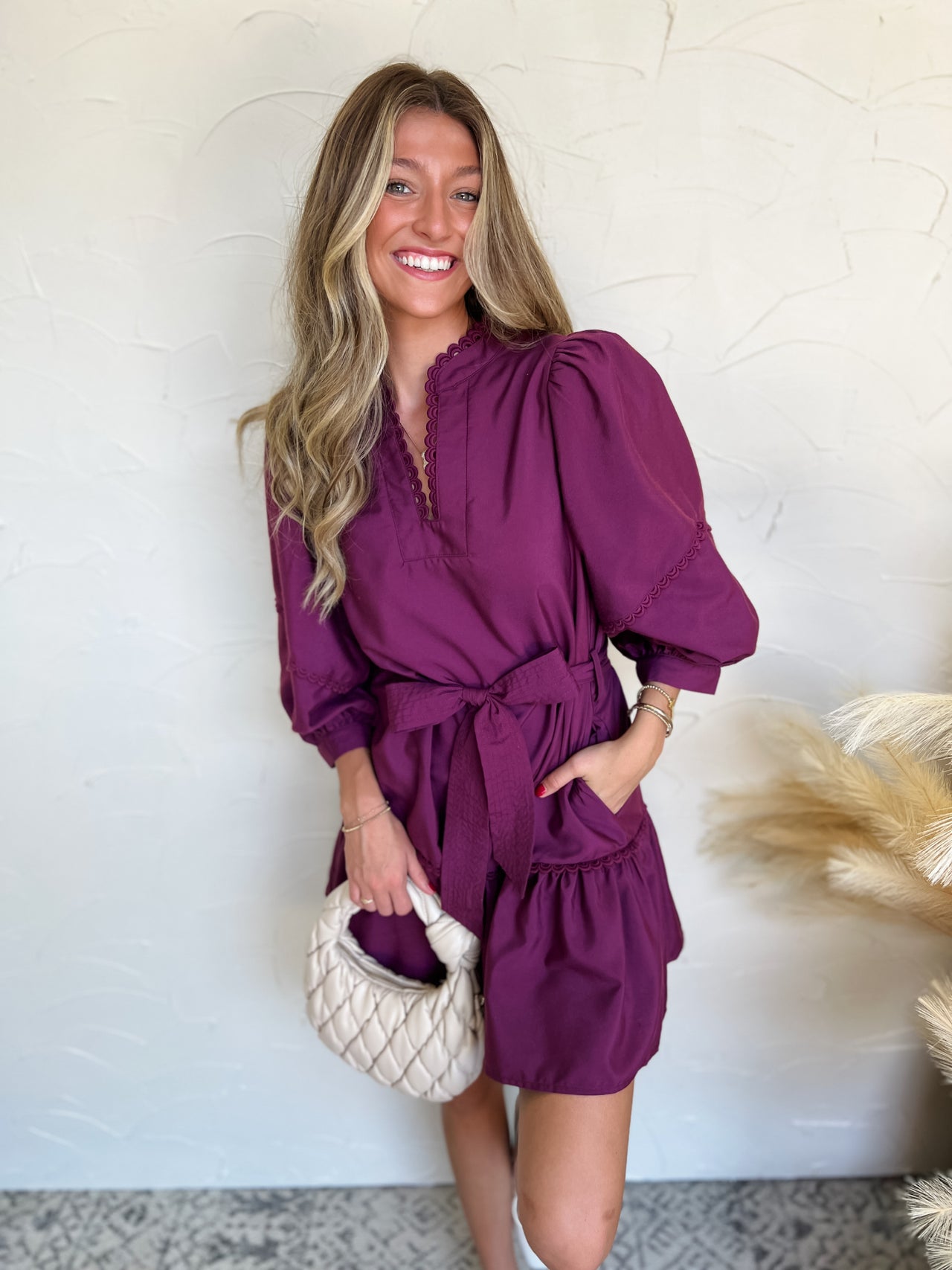 Down To Us Puff Sleeve Dress With Tie Front Detail- Plum