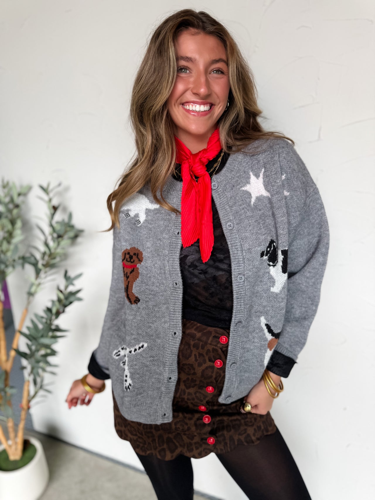 Classic Dog Knit Sweater Cardigan- Grey