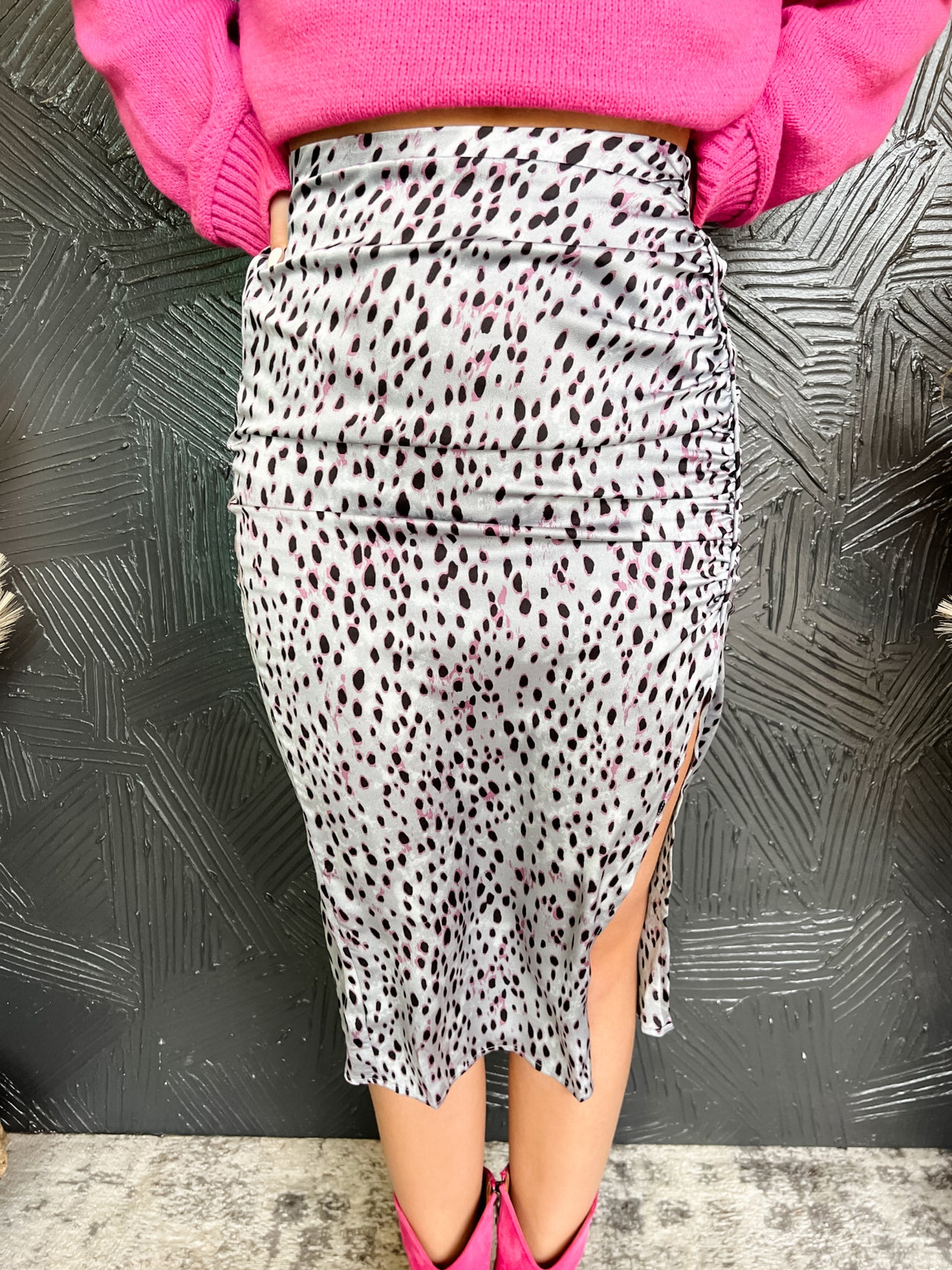 Purple Washed Leopard Ruched Midi Skirt
