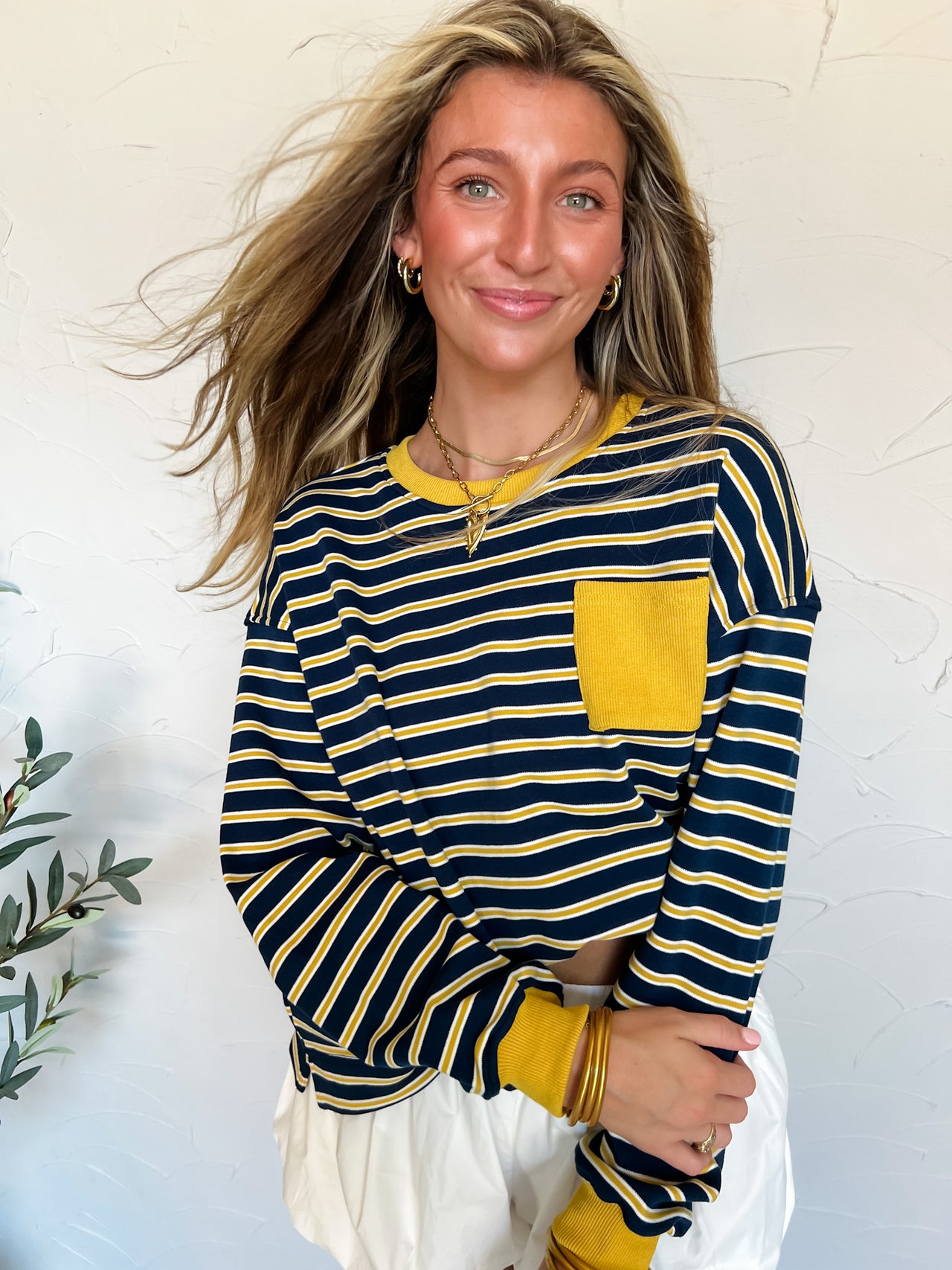 A Balancing Act Striped Crew Neck Top- Navy/Mustard