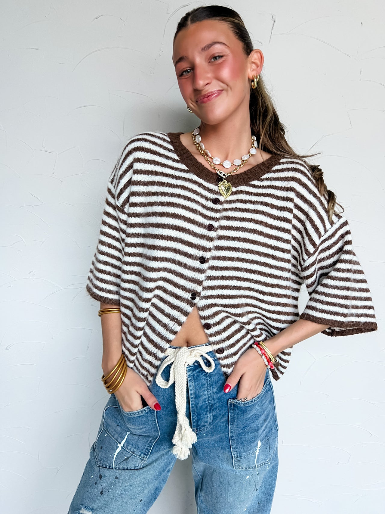 No Truer Words Spoken Striped Top- Brown/Ivory
