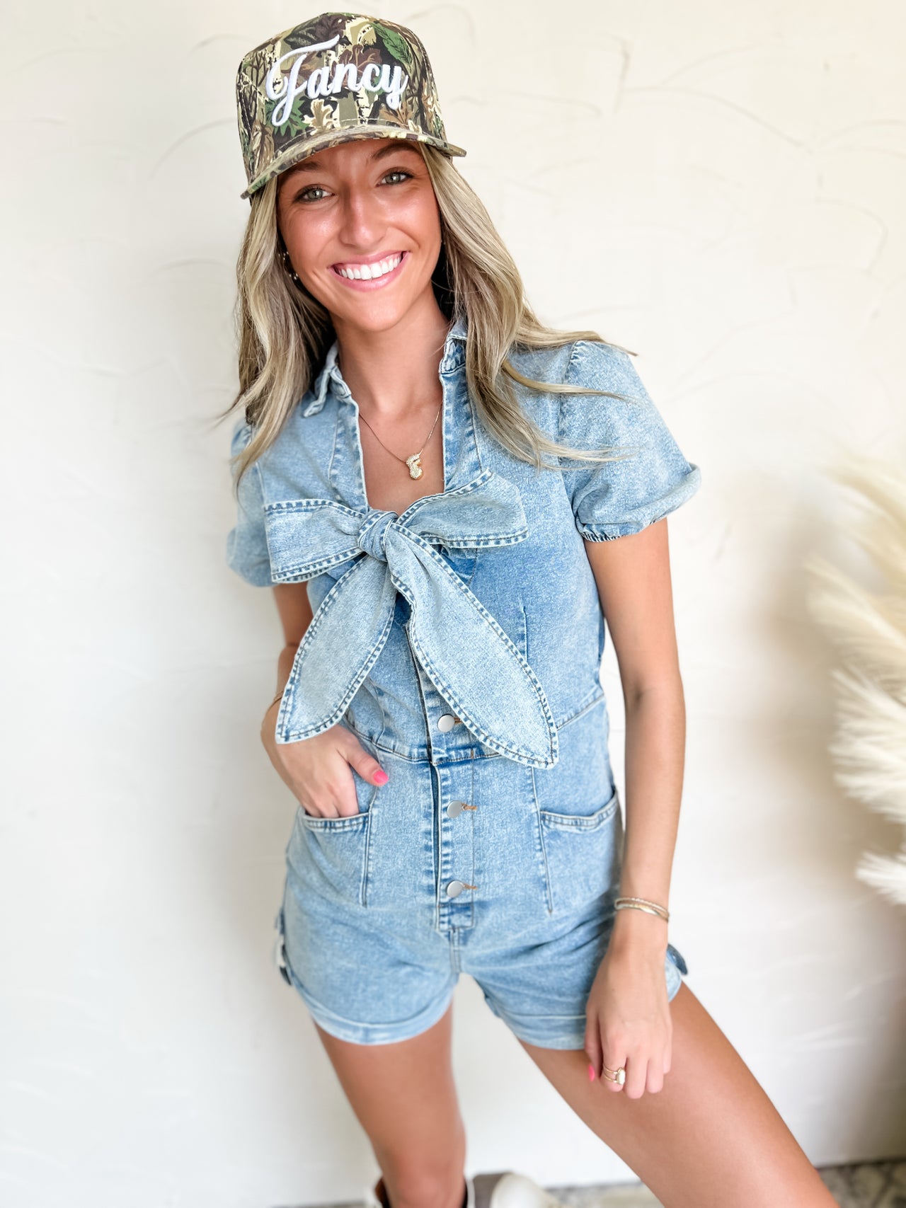 Found Your Happy Bow Tie Denim Romper