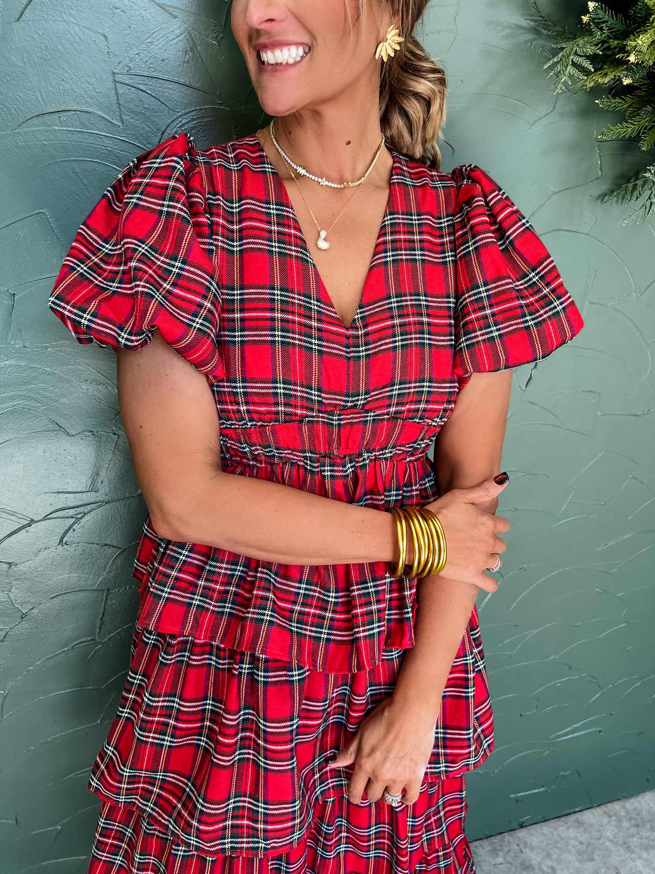 Wise In Her Eyes Plaid Puff Sleeve Dress