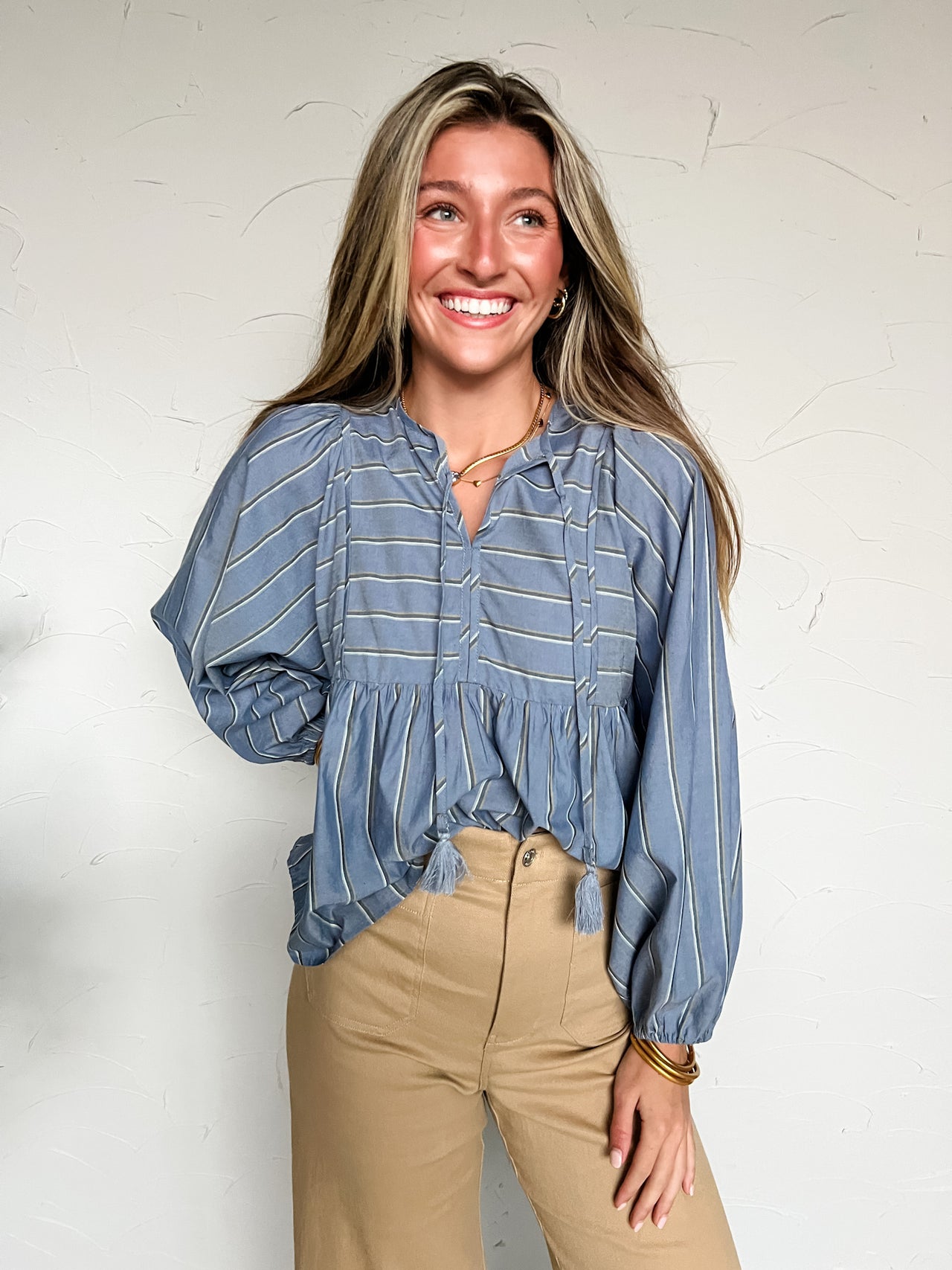 Easy To Love V Neck Babydoll Top- Denim