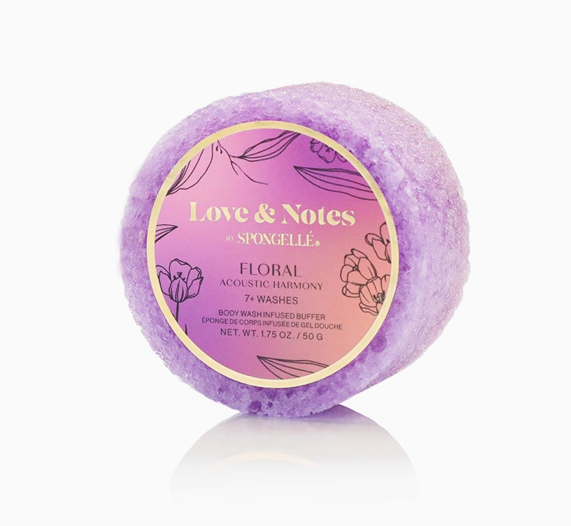 Purple spongette with 'Love & Notes' label on a white background
