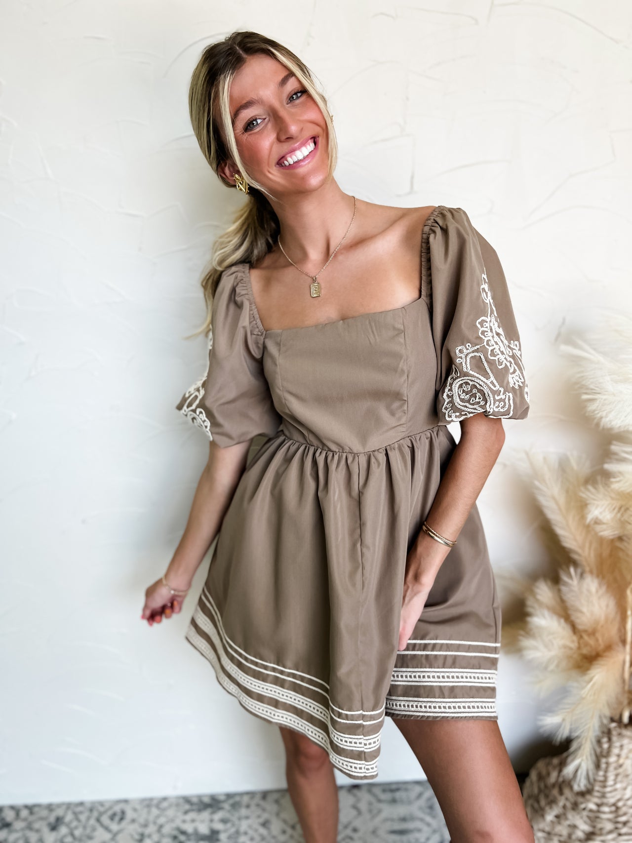 You Matter To Me Puff Sleeve Embroidered Square Neck Dress- Mocha