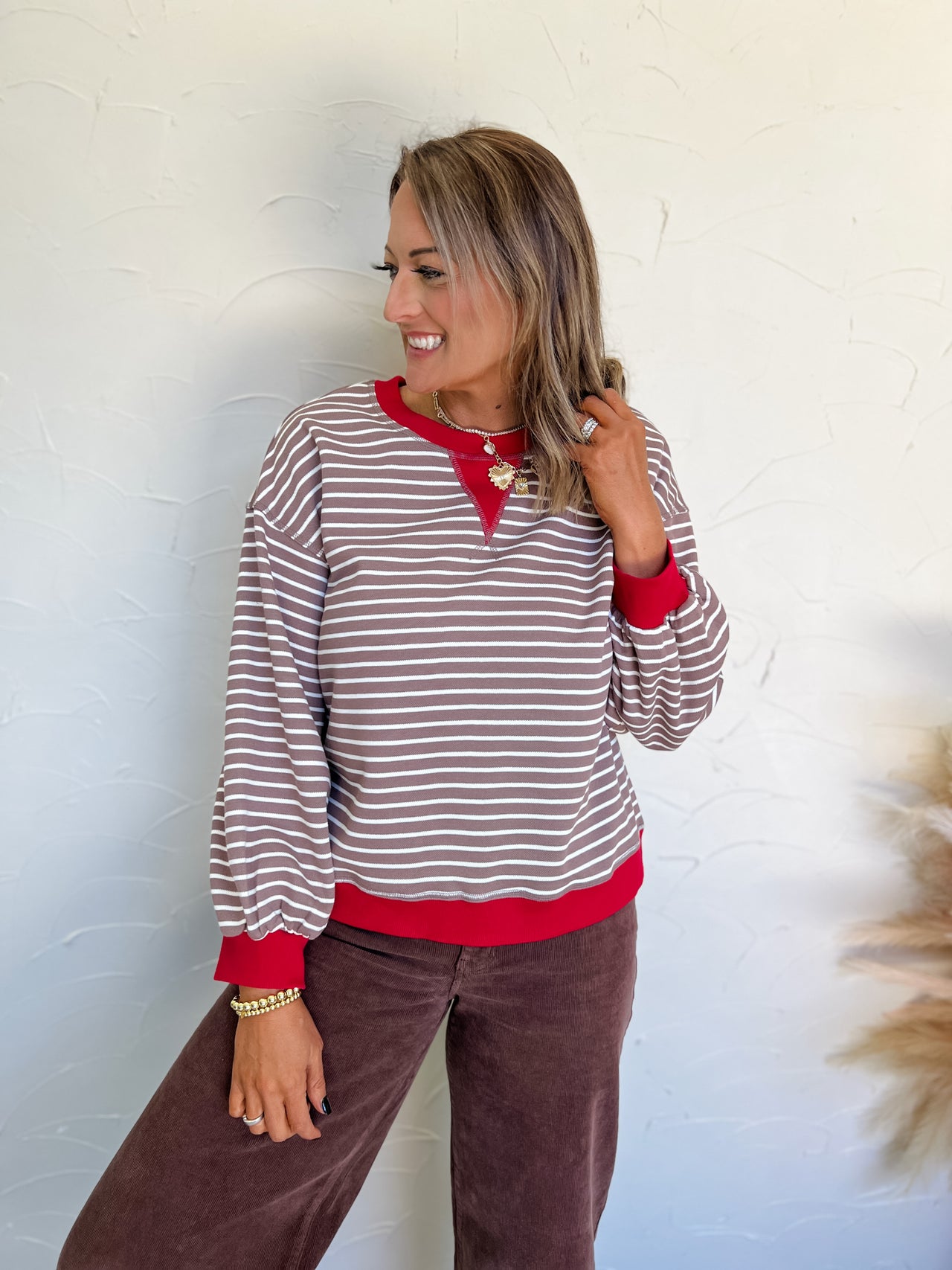 Pass The Torch Long Sleeve Stripe Top- Mocha