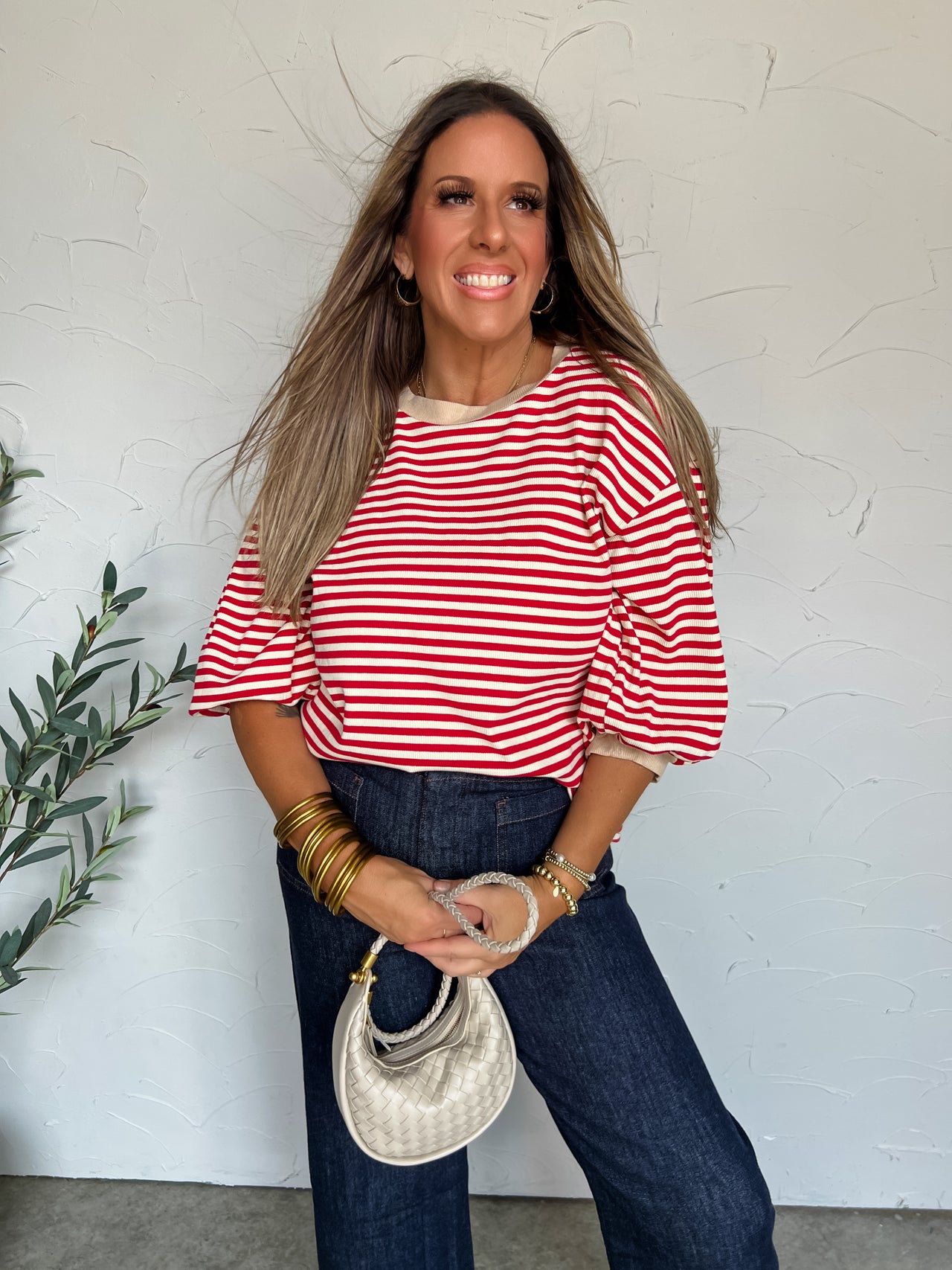 Stripe This Way Round Neck Top- Red