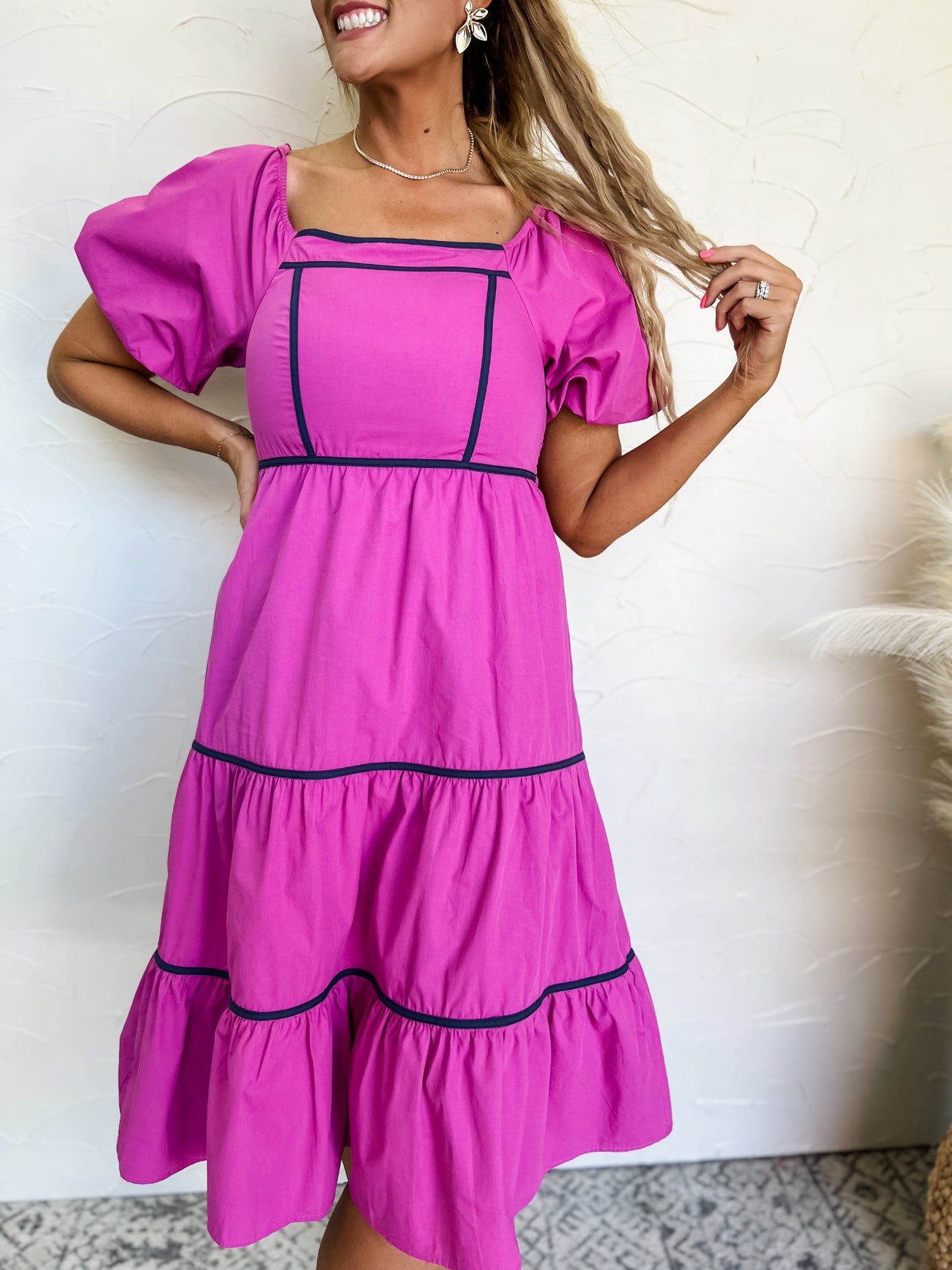 On The Coast Contrast Binding Tiered Midi Dress- Magenta