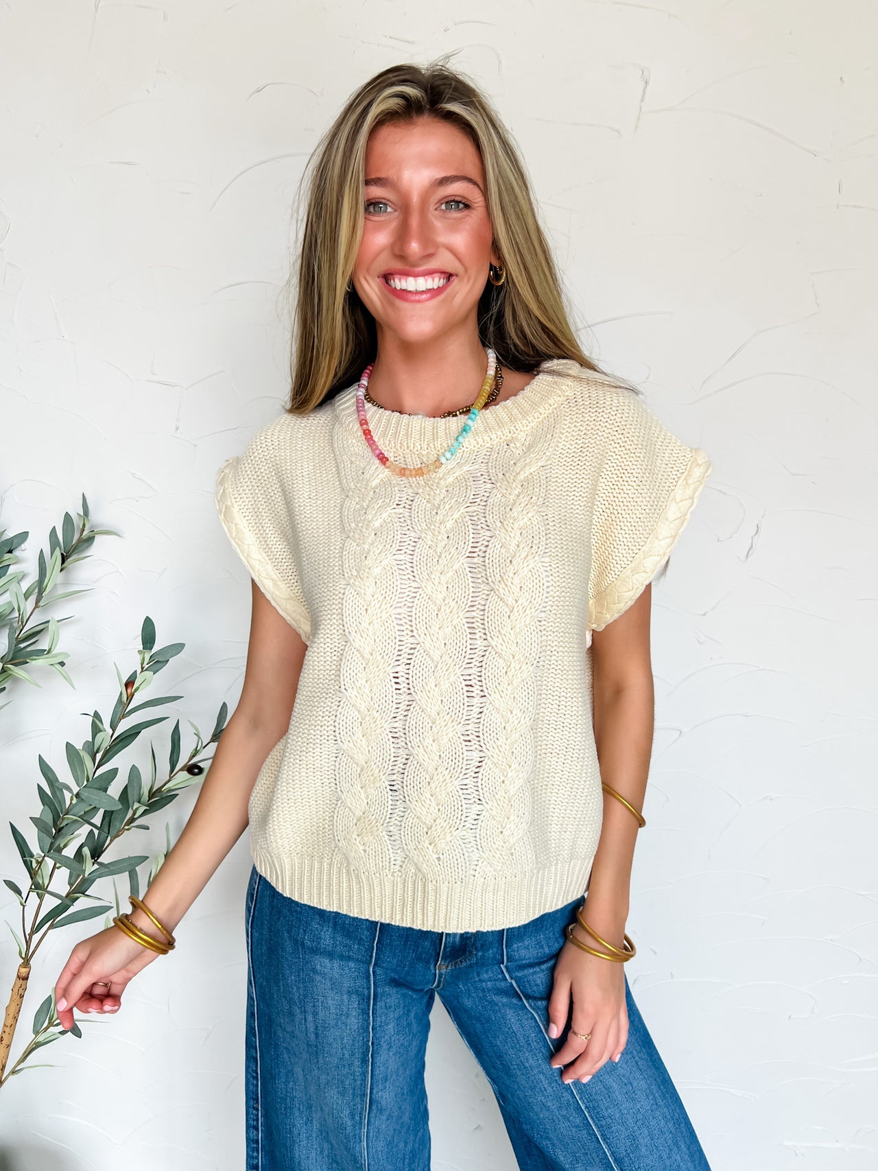 A Dream State Cable Knit Sweater Vest- Cream