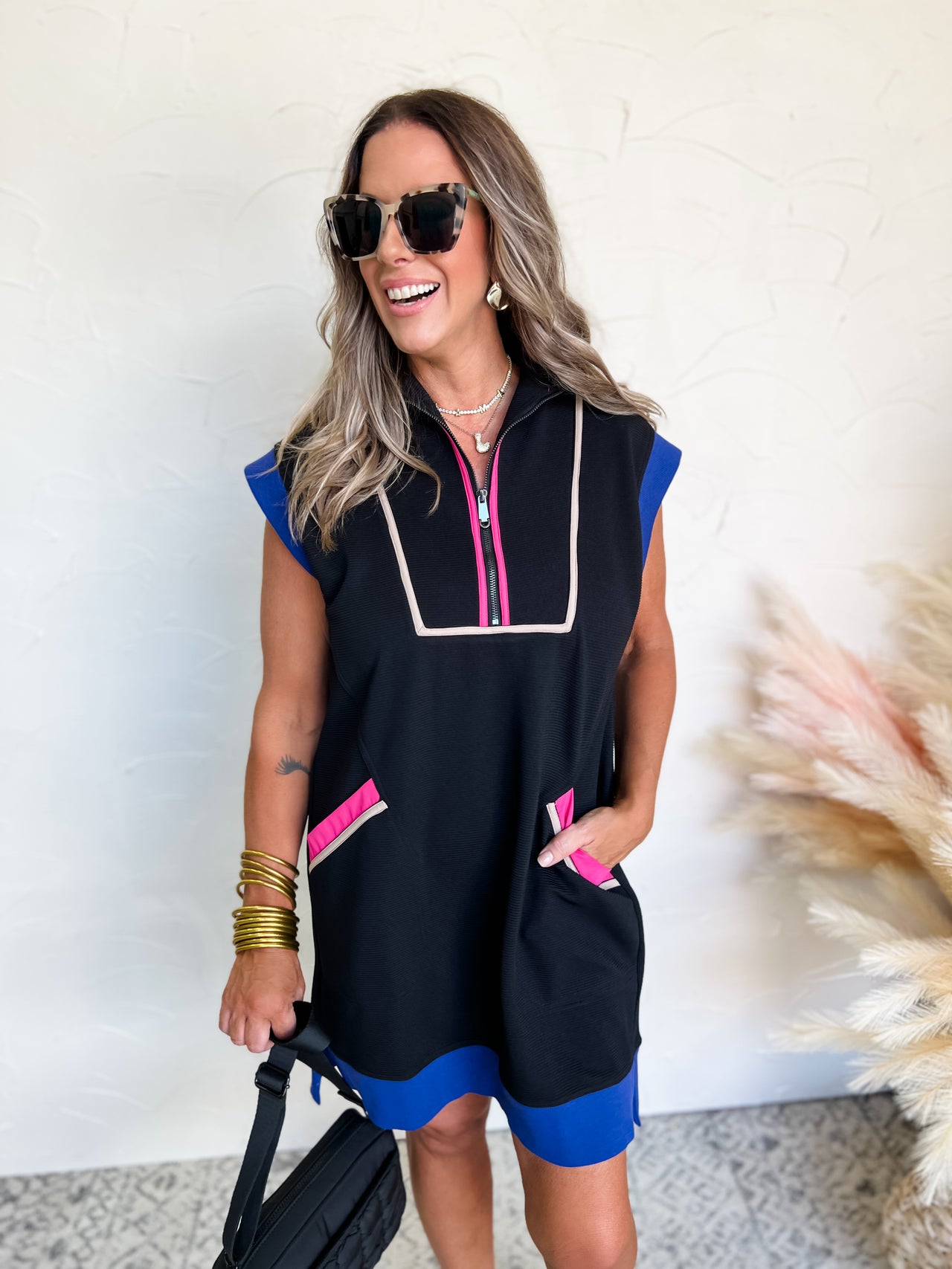 Comfy Sporty Vibe Sleeveless Dress With Half Zip Detail- Black