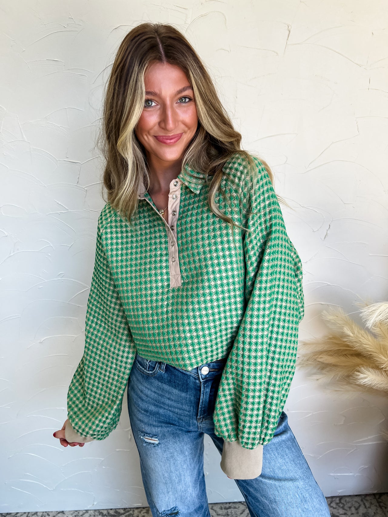 Good News Oversized Textured Top- Matcha