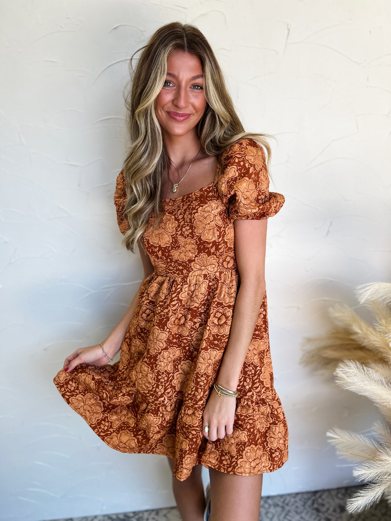 For All Eternity Jacquard Babydoll Dress- Burnt Orange