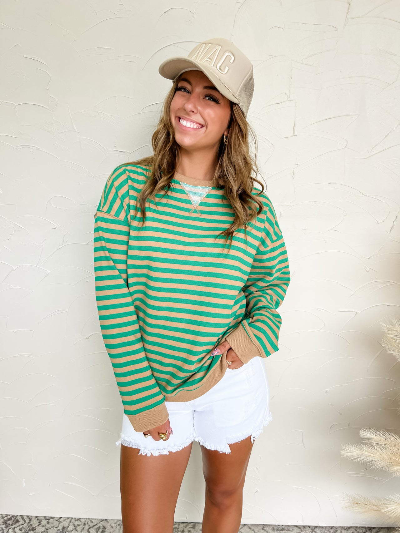 High Road Striped Oversized Crewneck Pullover- Taupe/Green