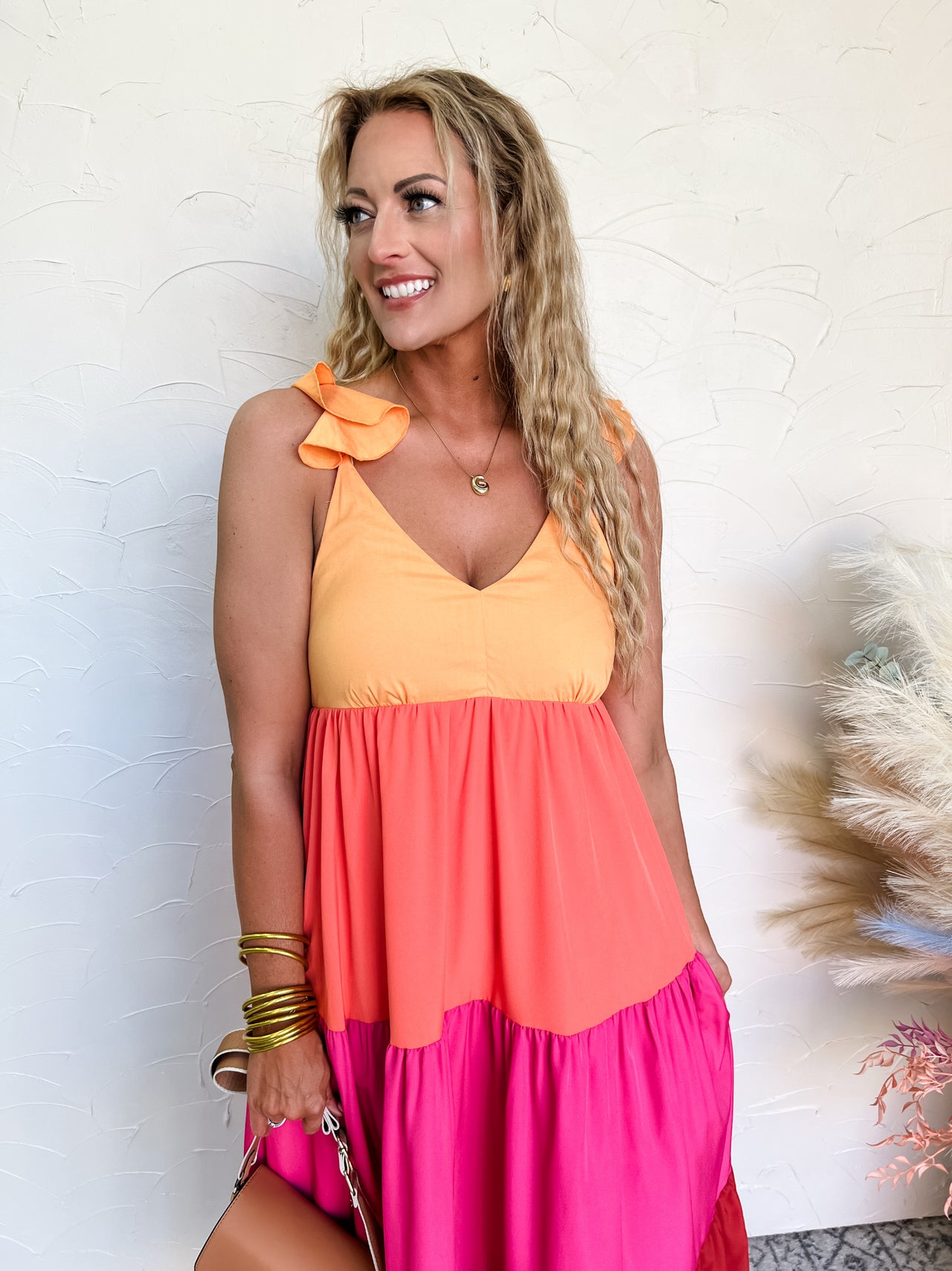 Tropical Sunsets Ruffle Shoulder Smocked Maxi Dress