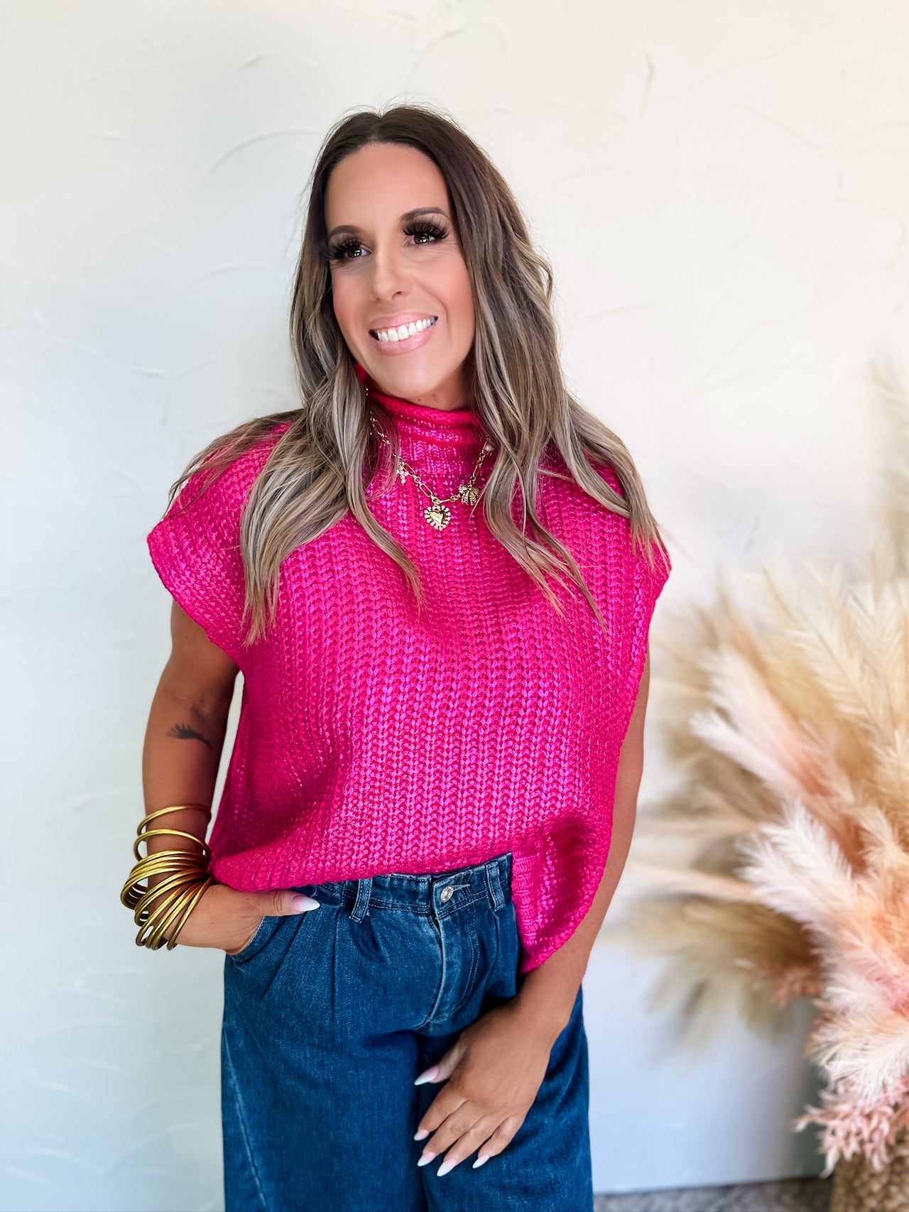 Touch Of Coziness Metallic Foil Sweater Top- Pink