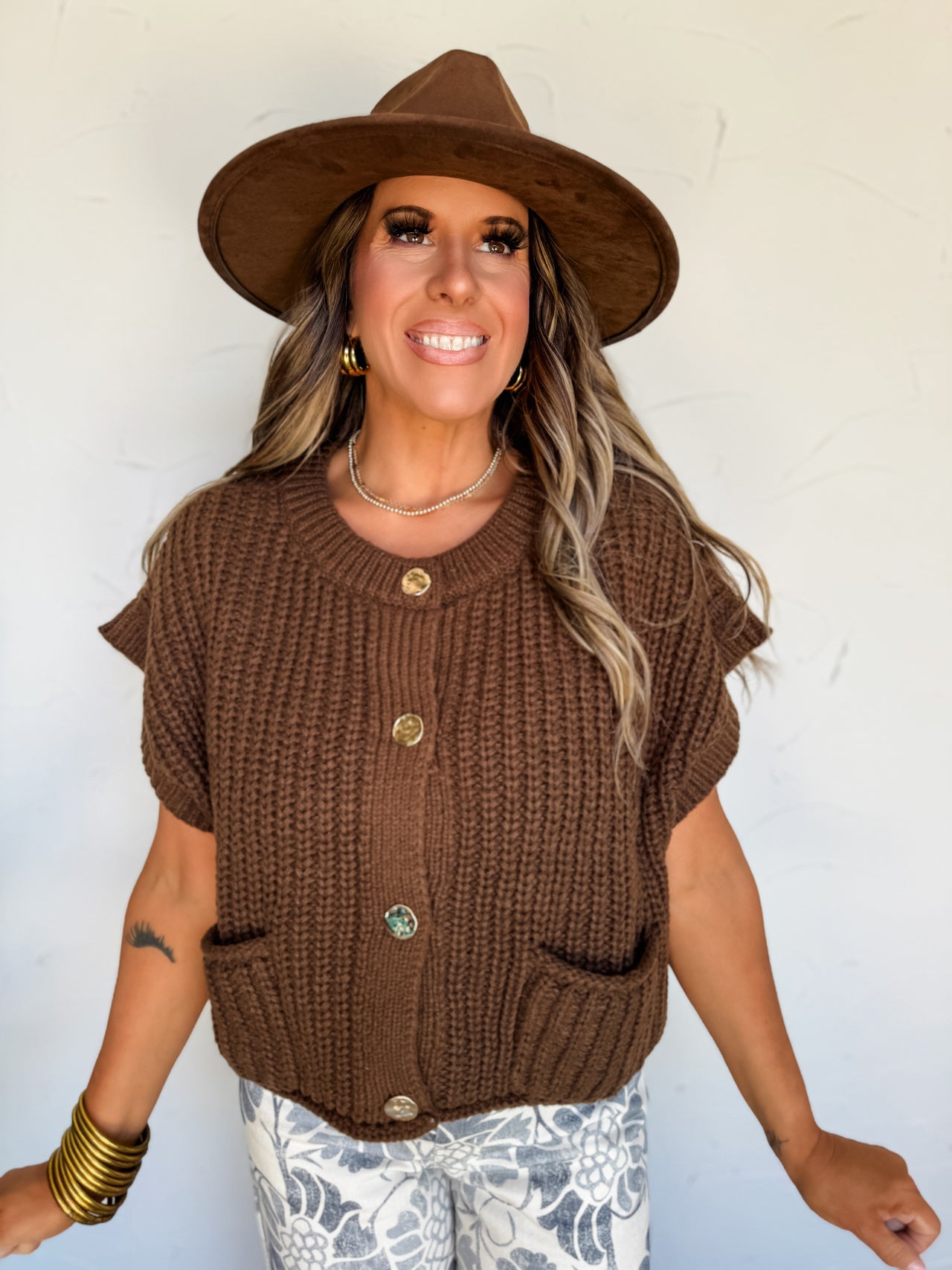 No Looking Back Button Down Knit Sweater Top- Chocolate