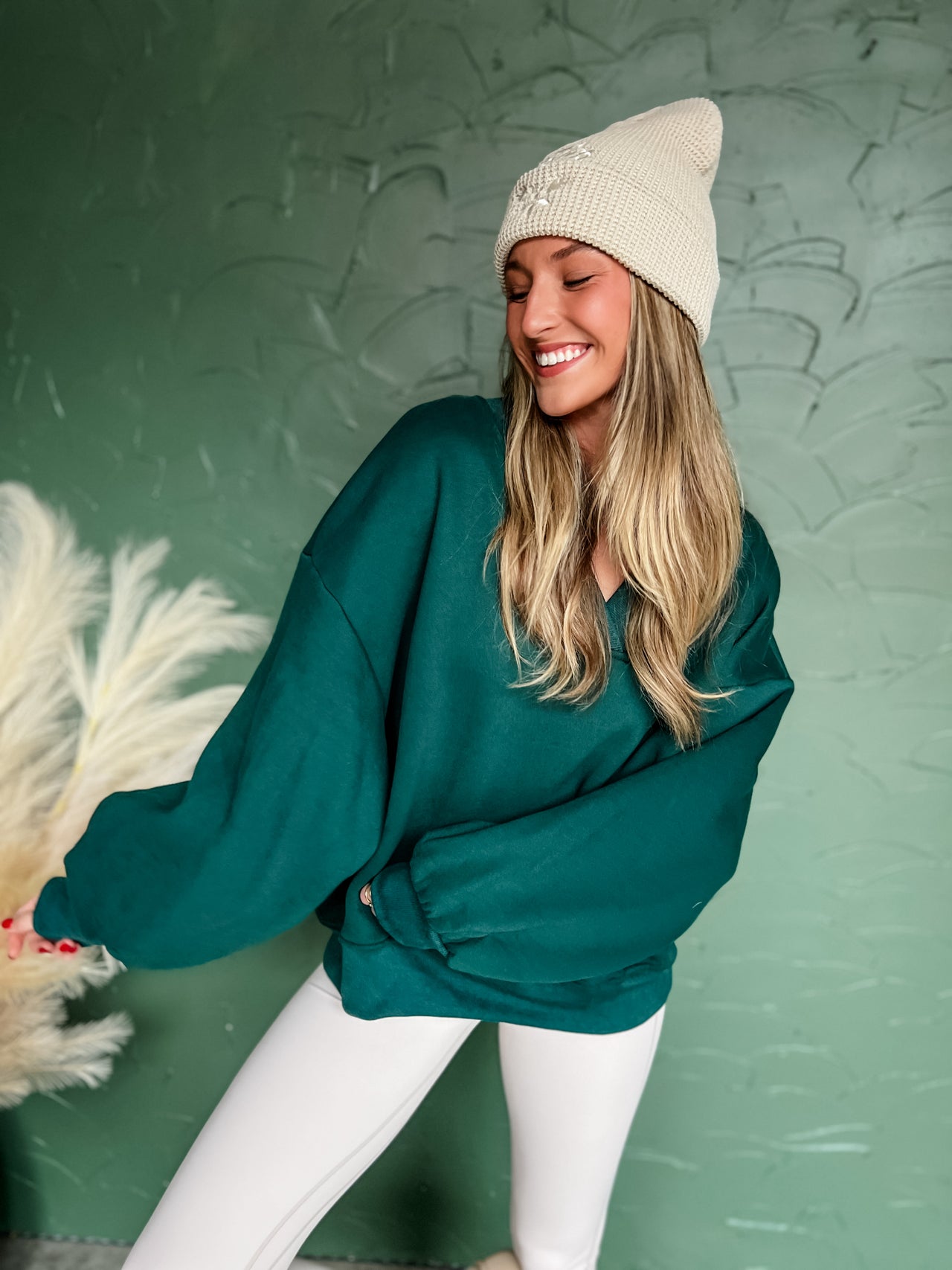 Just Because Oversized V Neck Sweatshirt- Hunter Green