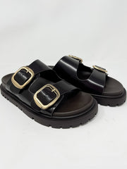 Dark brown sandals with gold buckles on a light gray background