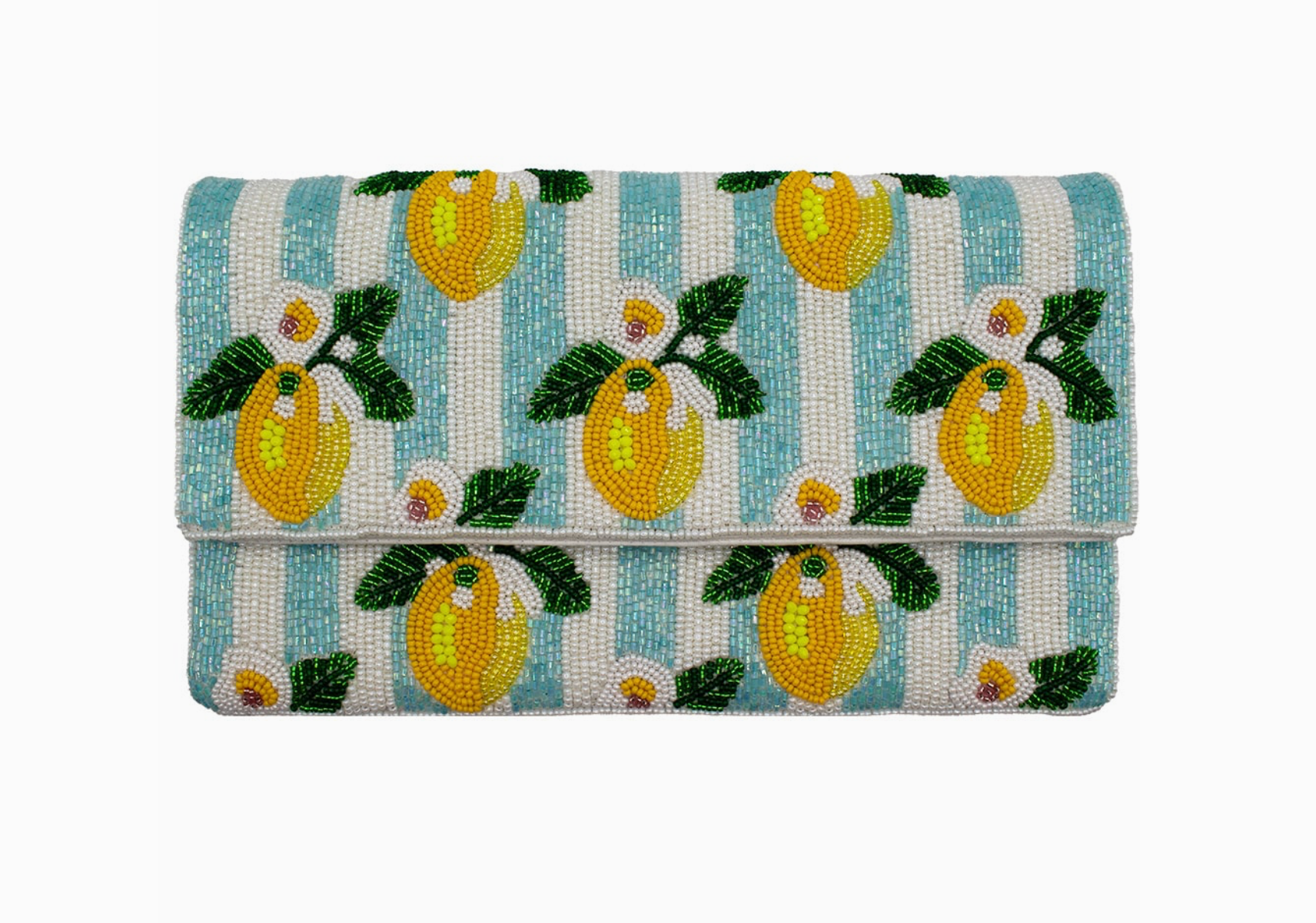 beaded Clutch bag with lemon pattern on a white background