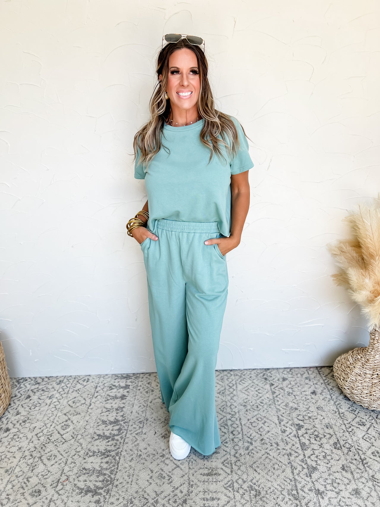 Mellow Mood Tee and Wide Leg Pants Set- Sage