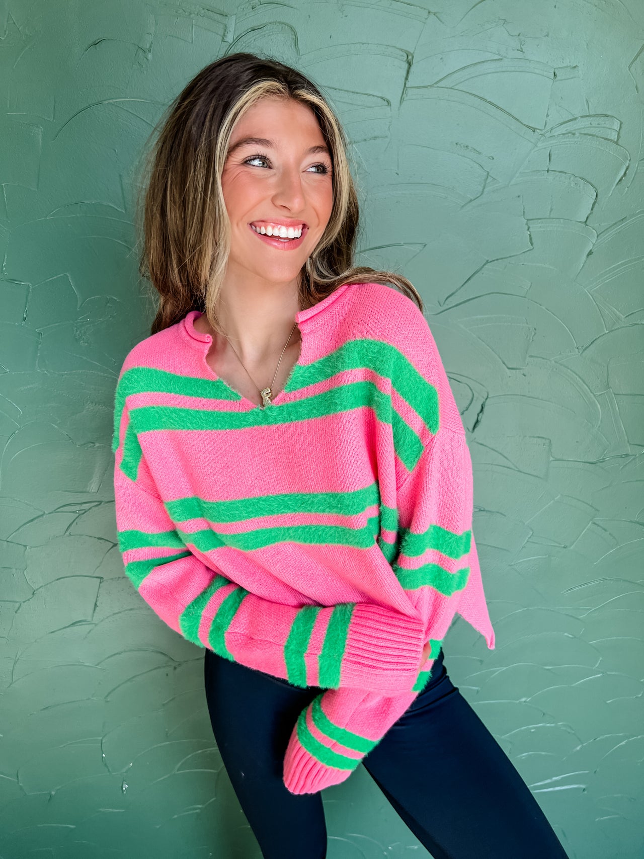 Into The Unknown 3D Stripe Crop Sweater- Pink/Green