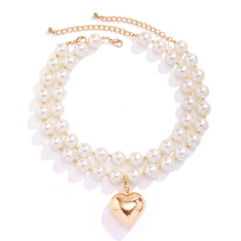 LUSTROUS PEARL BEADED LAYERED HEART NECKLACE