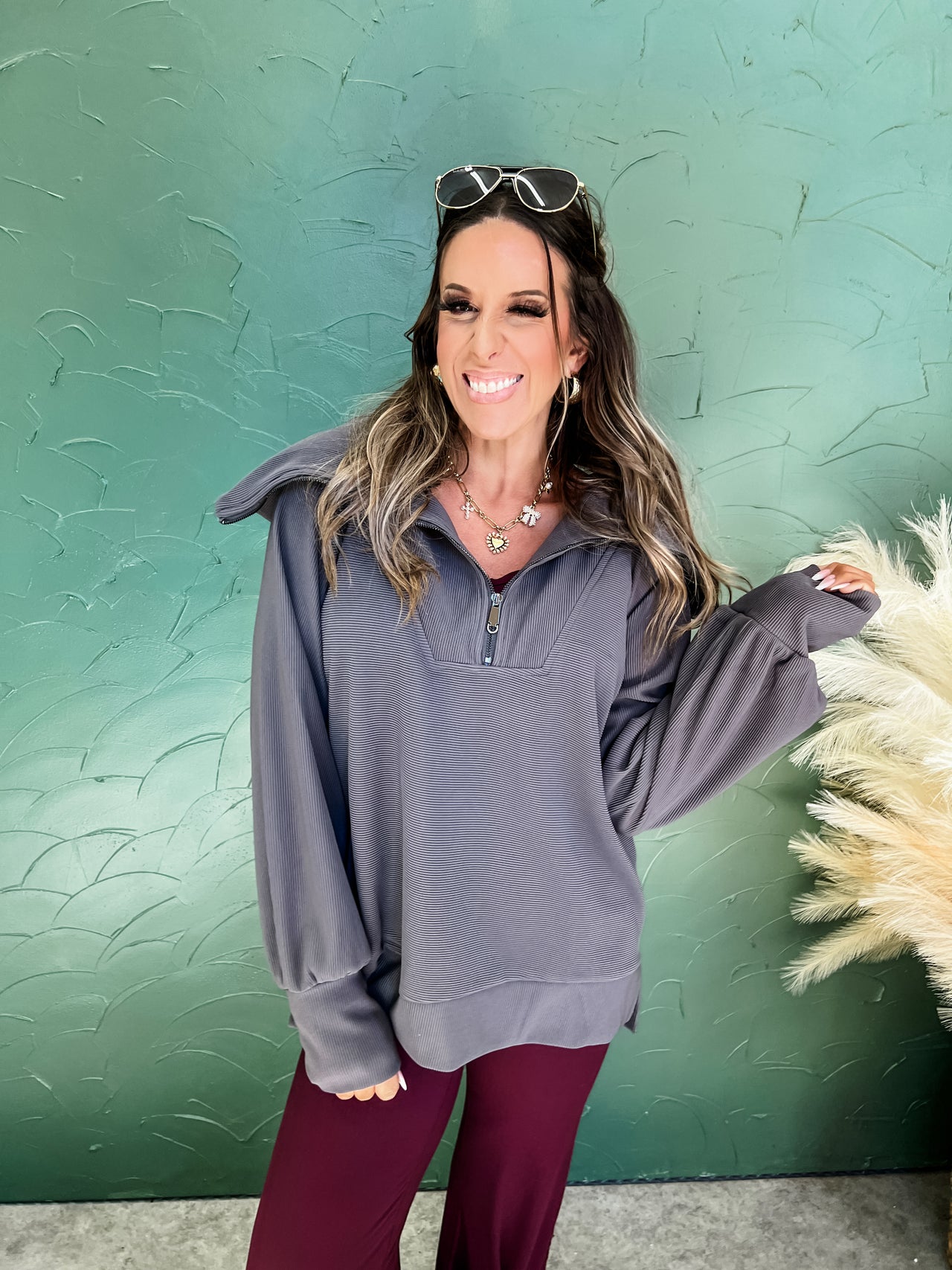 Ready To Fly Long Sleeve Top With Half Zip Detail- Charcoal