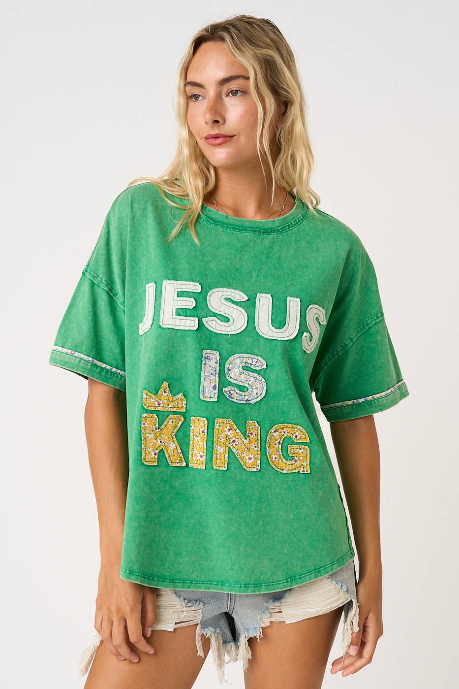 Jesus Is King Letter Patchwork Top- Kelly Green