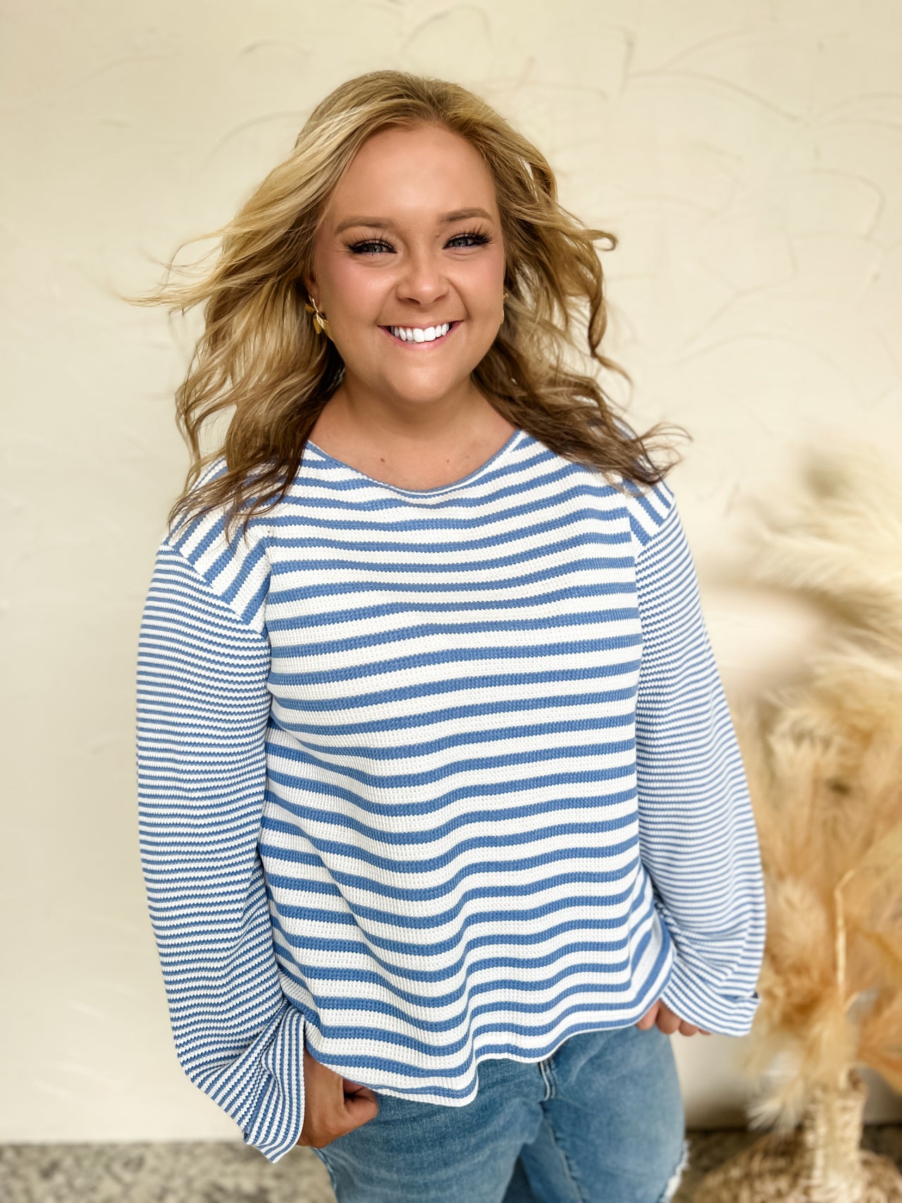 Easy Days Wide Folded Sleeve Stripe Knit Top- Blue