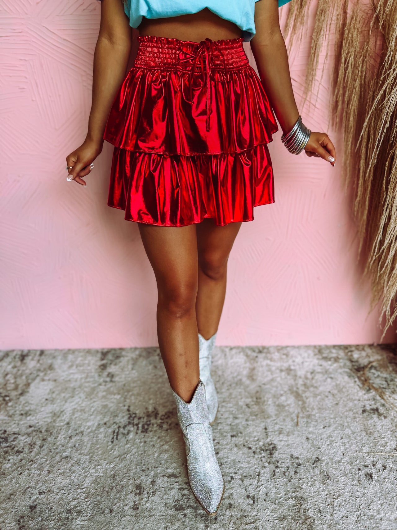 Glossy Red Metallic Lace Up Skort