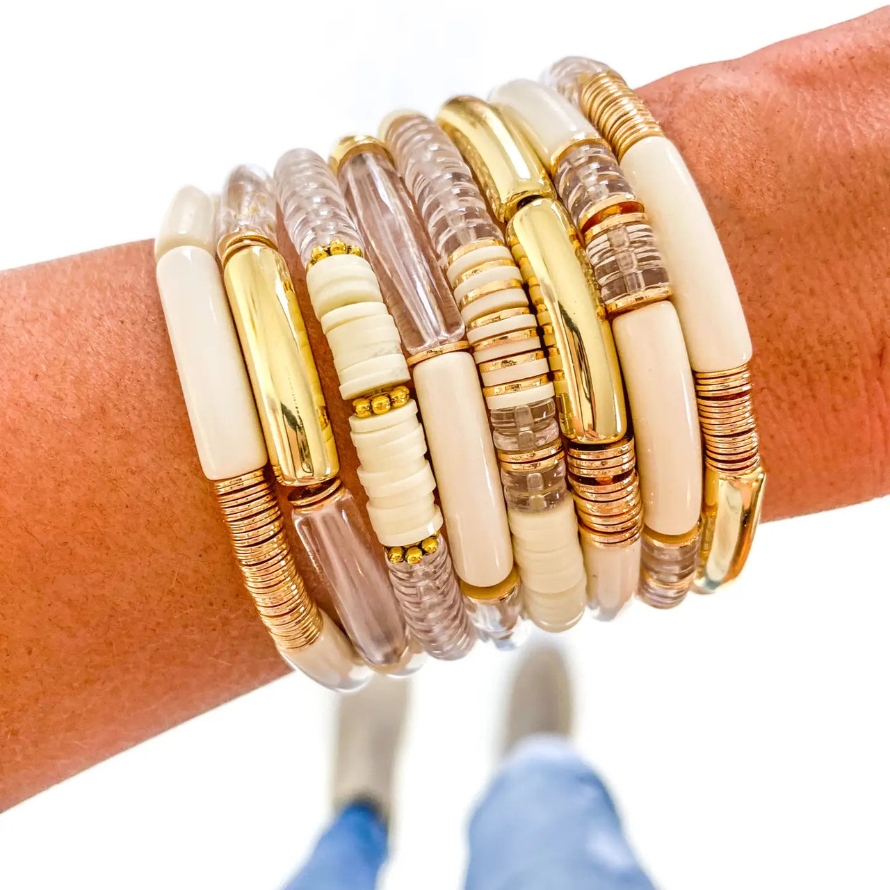 {SB} Ivory Acrylic Tube Bamboo Bracelet Set (8pc)