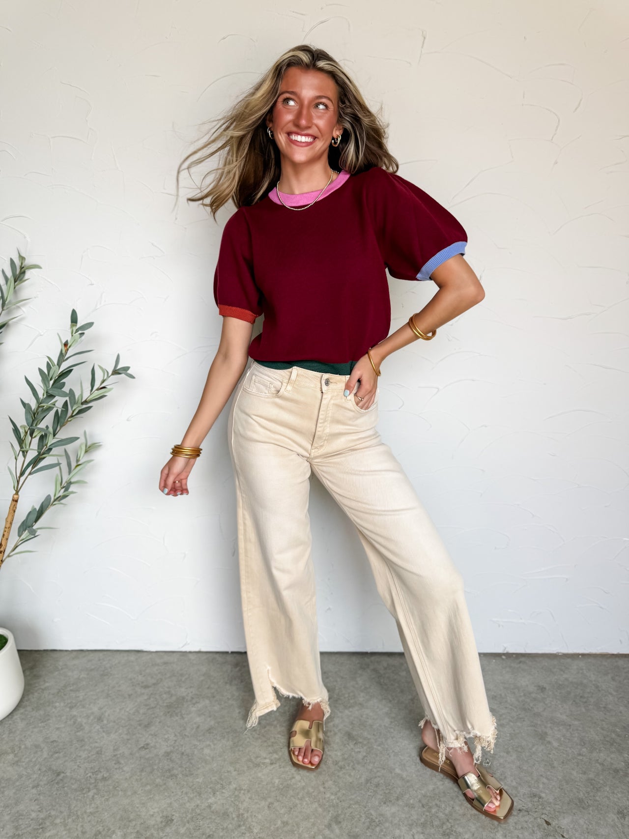 Give Me A Choice Multi Accent Puff Sleeve Top- Burgundy