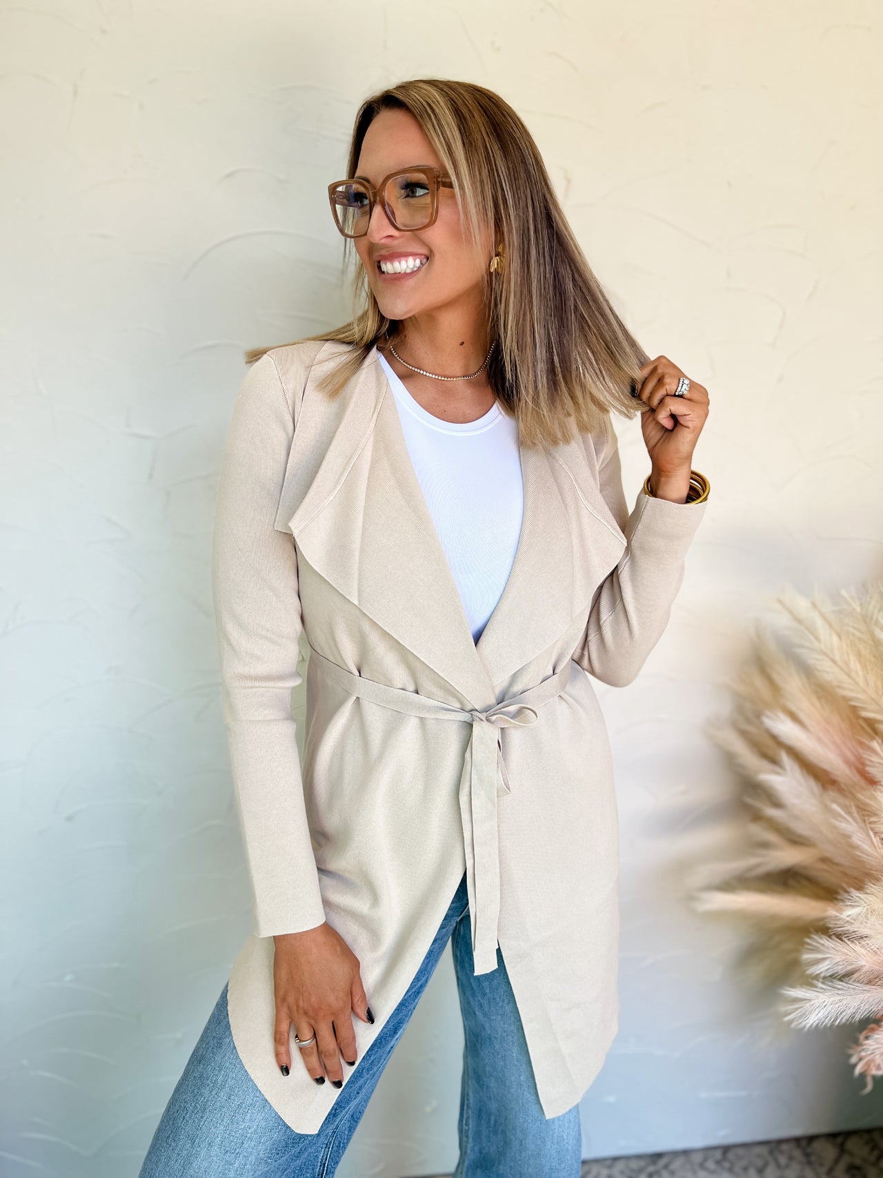 Beautiful Moments Waist Tie Cardigan- Taupe